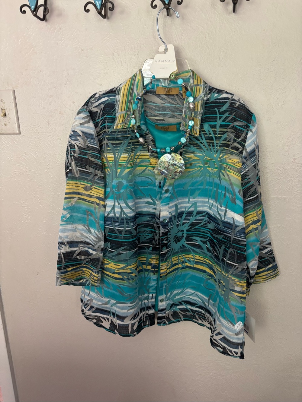Teal & Black Floral Stripe Button-Front Women's Top